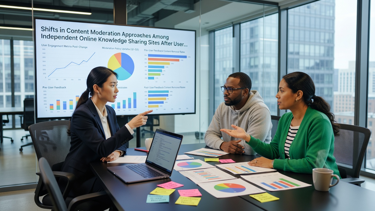 Moderators reviewing flagged content on an independent knowledge platform dashboard